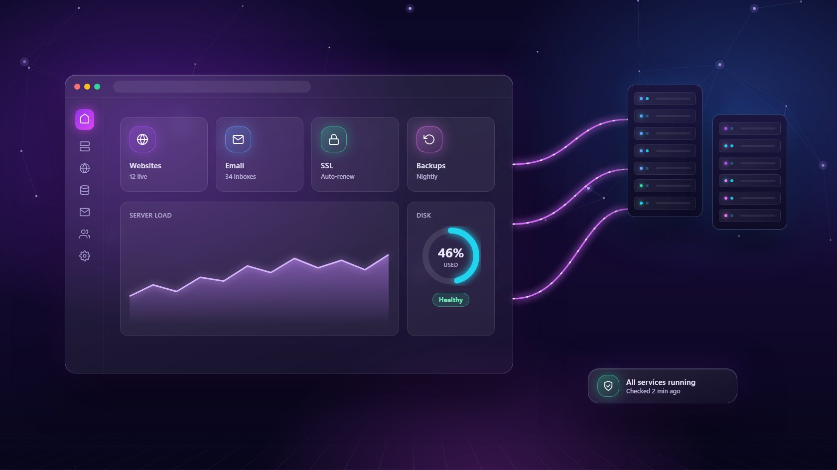 Illustration of a hosting control panel dashboard connected to a server