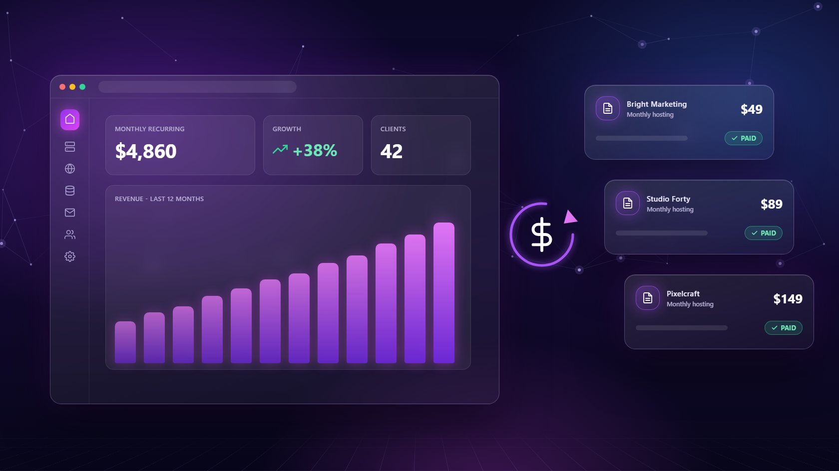 Hosting panel for agencies showing growing monthly recurring revenue charts and paid invoices