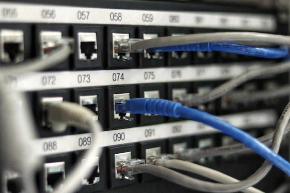 Close-up of network cables connected to a patch panel