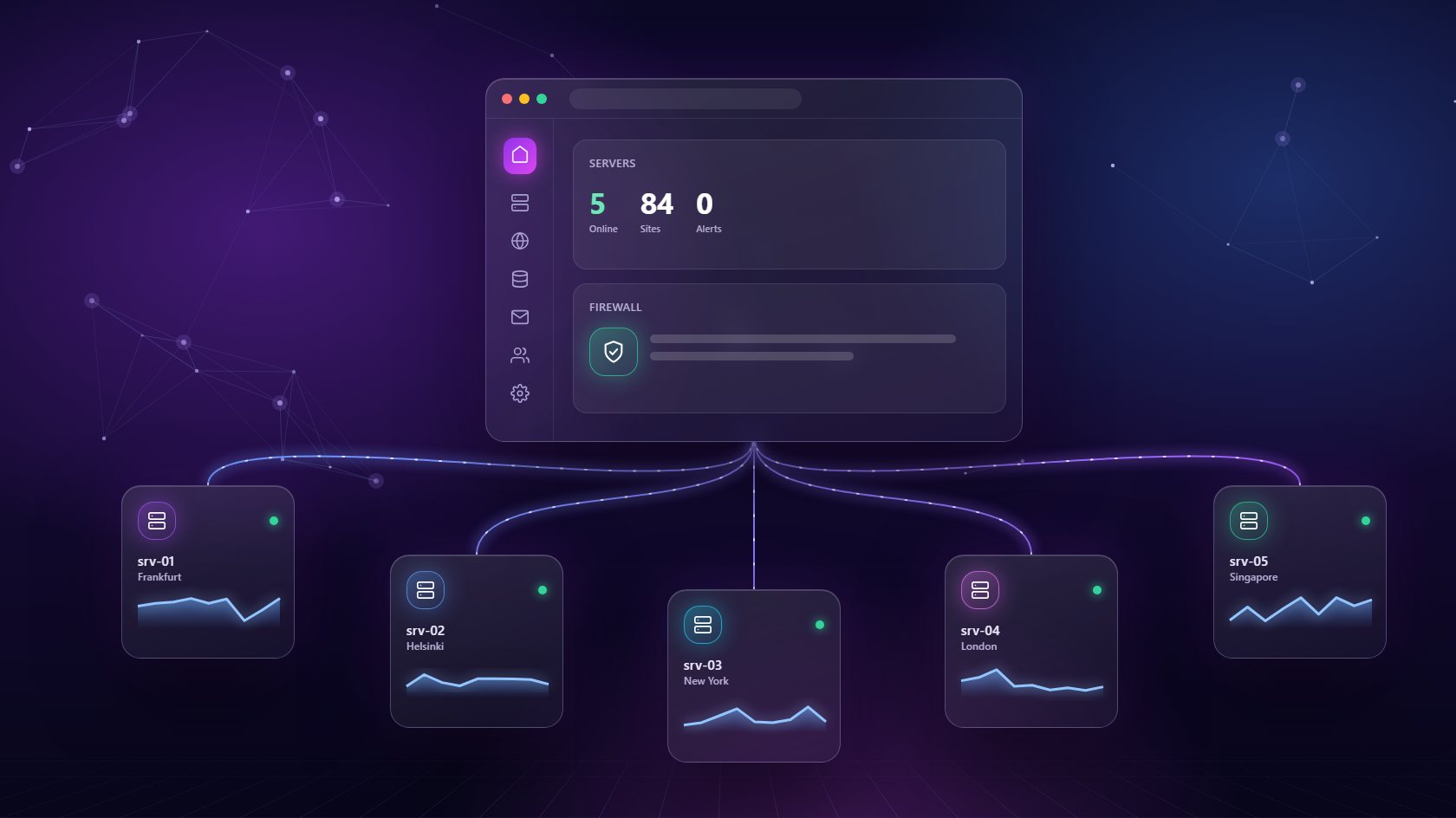 Server management panel connected to multiple servers with health status and firewall protection
