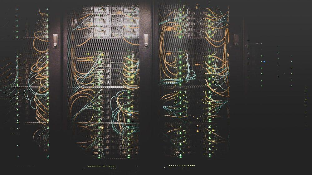 Close-up of a server rack with cabling