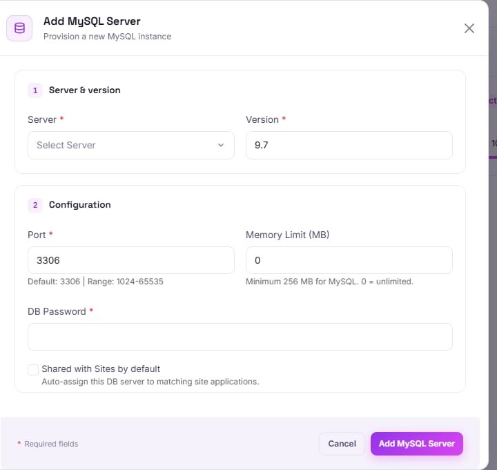 The Add MySQL Server form, showing Server, Version and Port fields