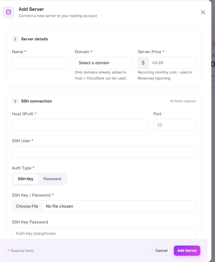 The Add Server form, showing Name, Domain and Server Price fields