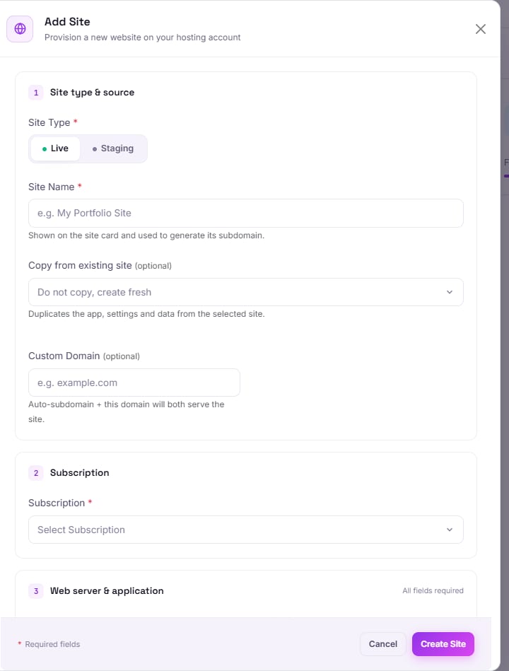 The Add Site form, showing Site Type, Site Name and Custom Domain fields
