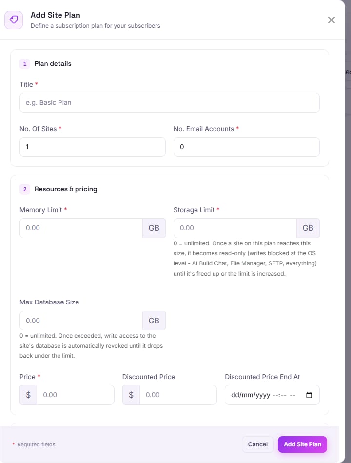 The Add Site Plan form, showing Title, No. Of Sites and No. Email Accounts fields