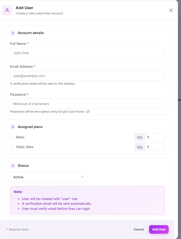 The Add User form, showing Full Name, Email Address and Password fields